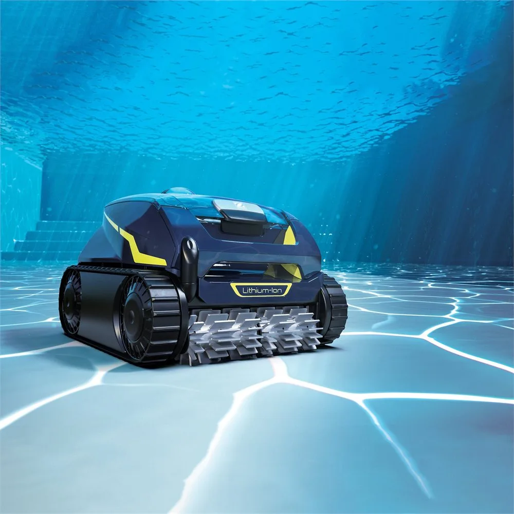 A robotic pool cleaner on the pool floor